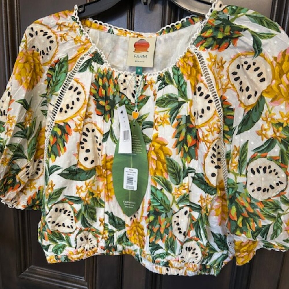 Farm Rio 100% Biriba Off White Fruit Elbow Length Puff-Sleeve Crop Top